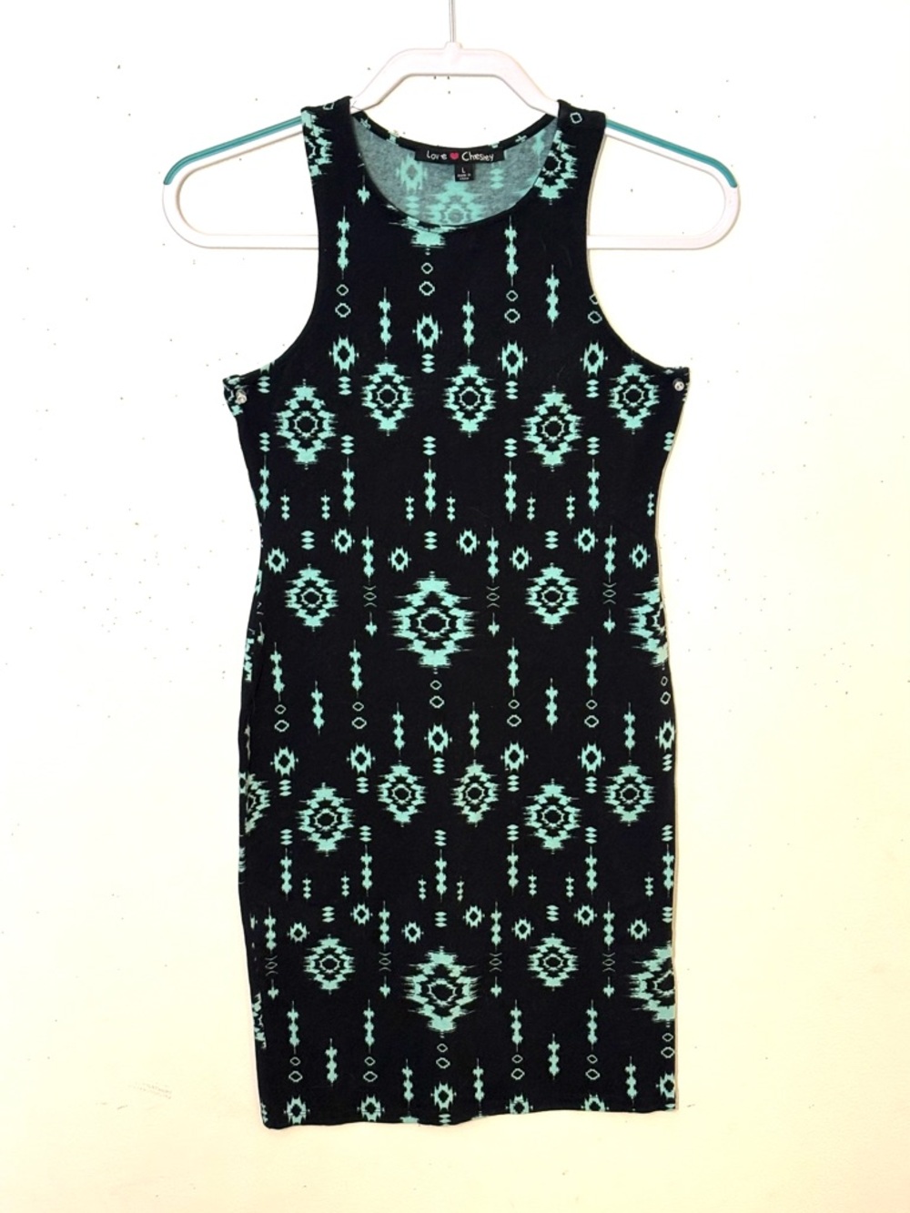 Love Chelsey Black and Mint Geometric Midi Dress. Size L. EUC.